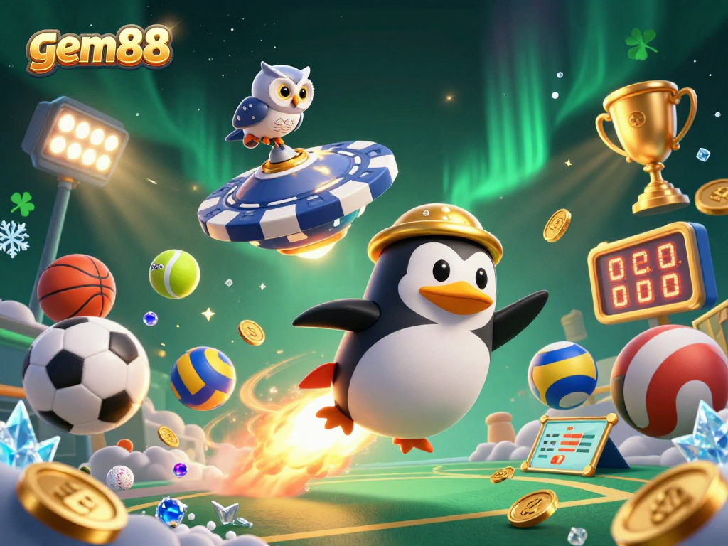 Experience gem88's thrilling casino adventures with a golden penguin, sports excitement, and royal treasures!