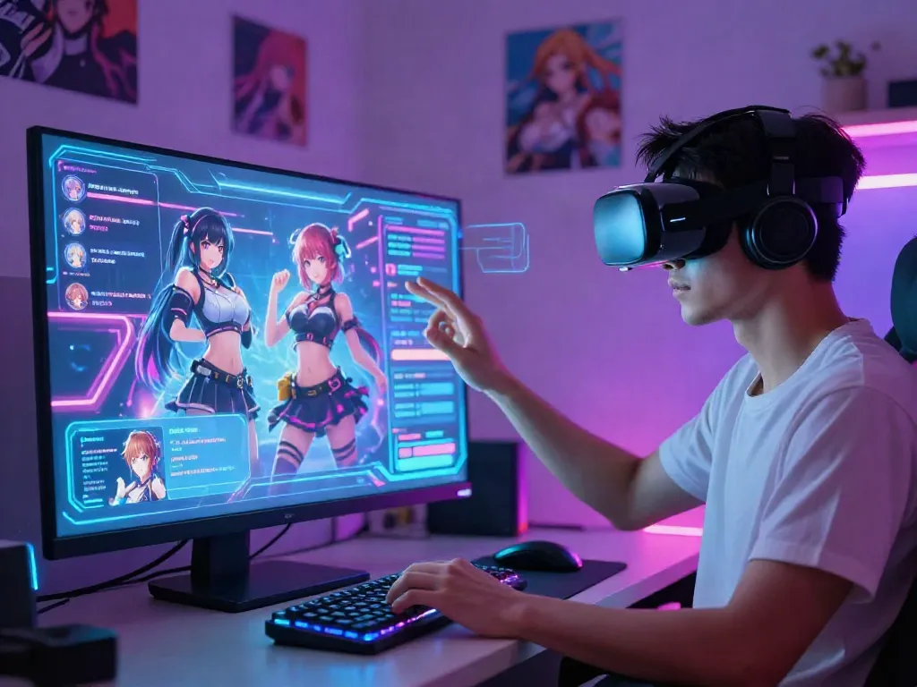 Engaging hentai chat interface showcasing customizable anime characters and futuristic tech.