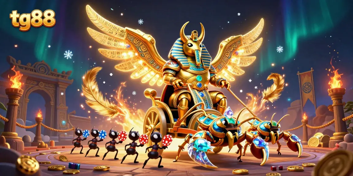 Experience thrilling games like slots at tg88 with a colossal golden scarab and lively chariot scene.