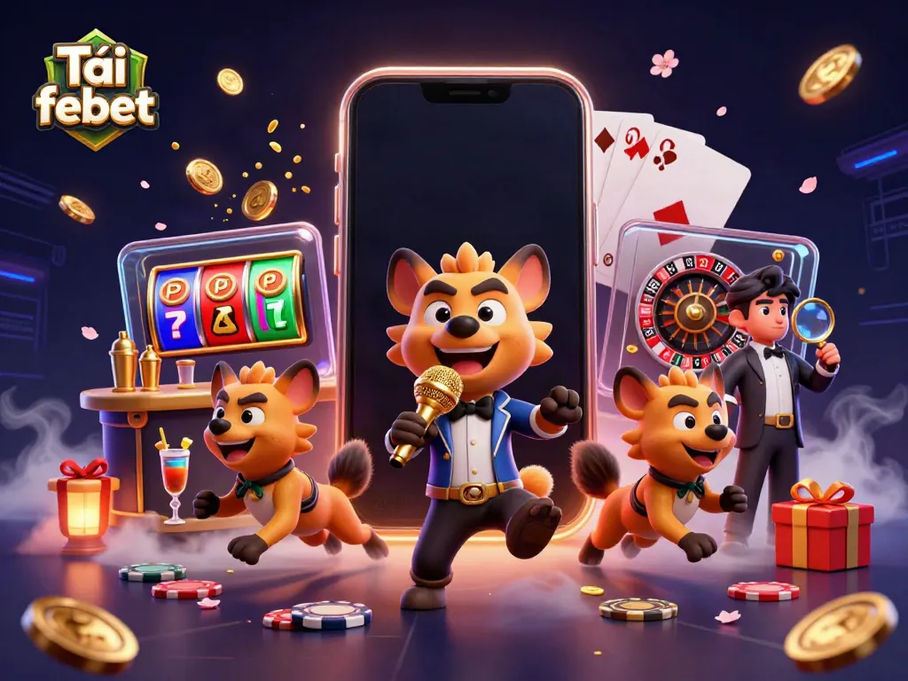 Engage in fun and excitement at Tải febet with a lively 3D casino club illustration featuring cartoon hyenas.