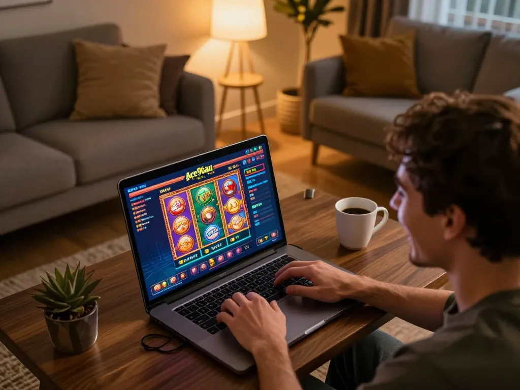 Engaging online gaming moment at Ace96au, showcasing vibrant slots on a laptop in a cozy home environment.