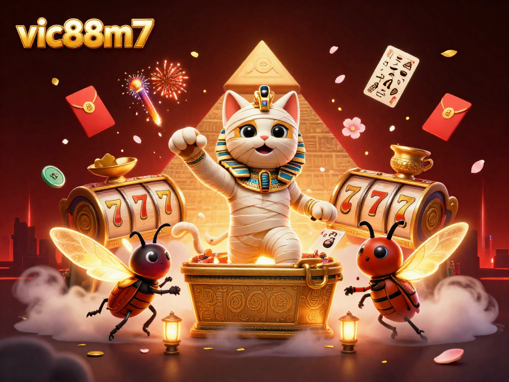 Engage in excitement at vic88m7 with a vibrant 3D illustration showcasing a mummy cat and lucky symbols in a pyramid casino.