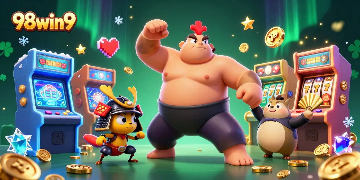 Experience thrilling gaming action with 98win9 in this dynamic casino illustration featuring exciting characters and elements.
