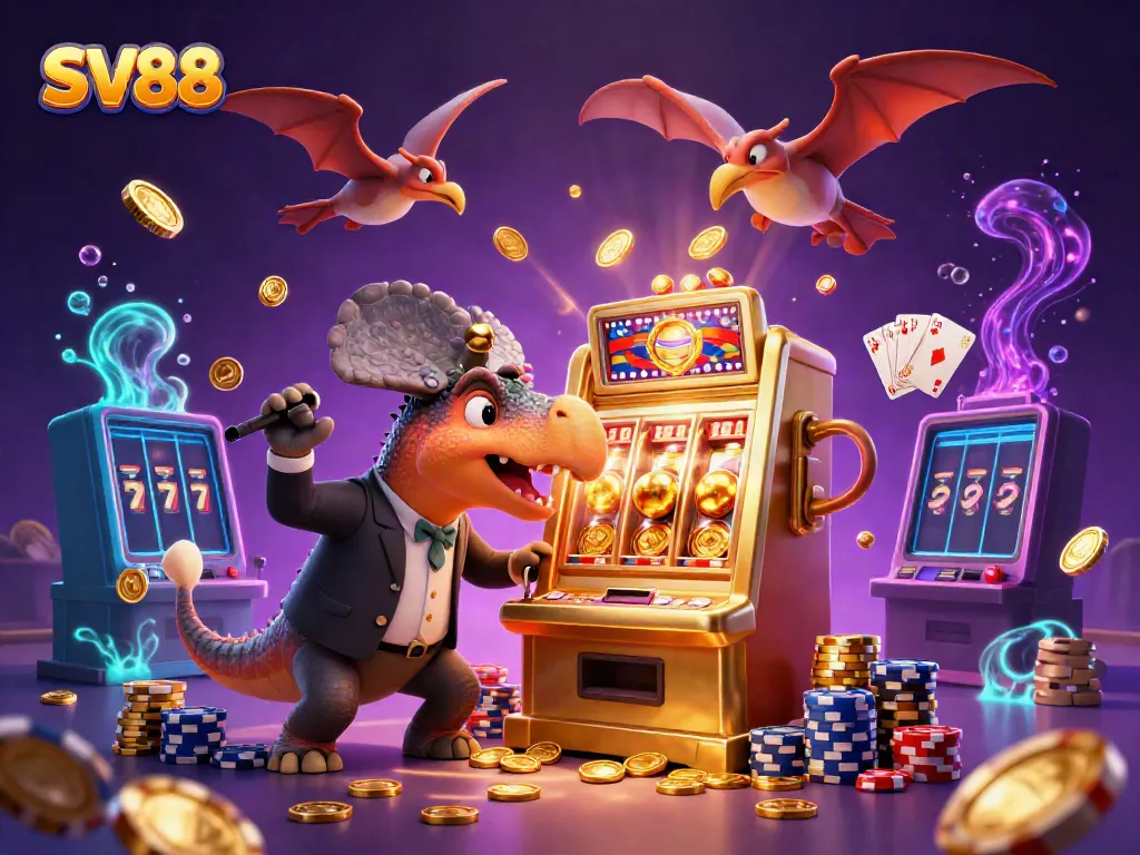 SV88 casino scene featuring a dinosaur headbutting a slot machine as coins rain down.