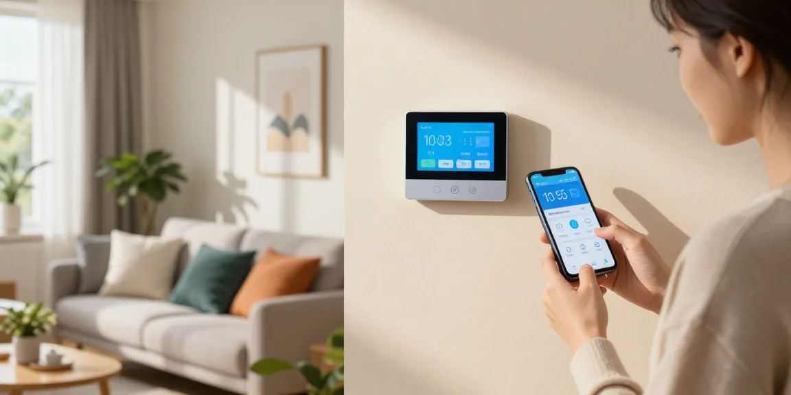 Stylisches Wohnzimmer mit intelligentem Thermostat zur Steuerung der Fußbodenheizung und Benutzer, der Einstellungen über die App anpasst.