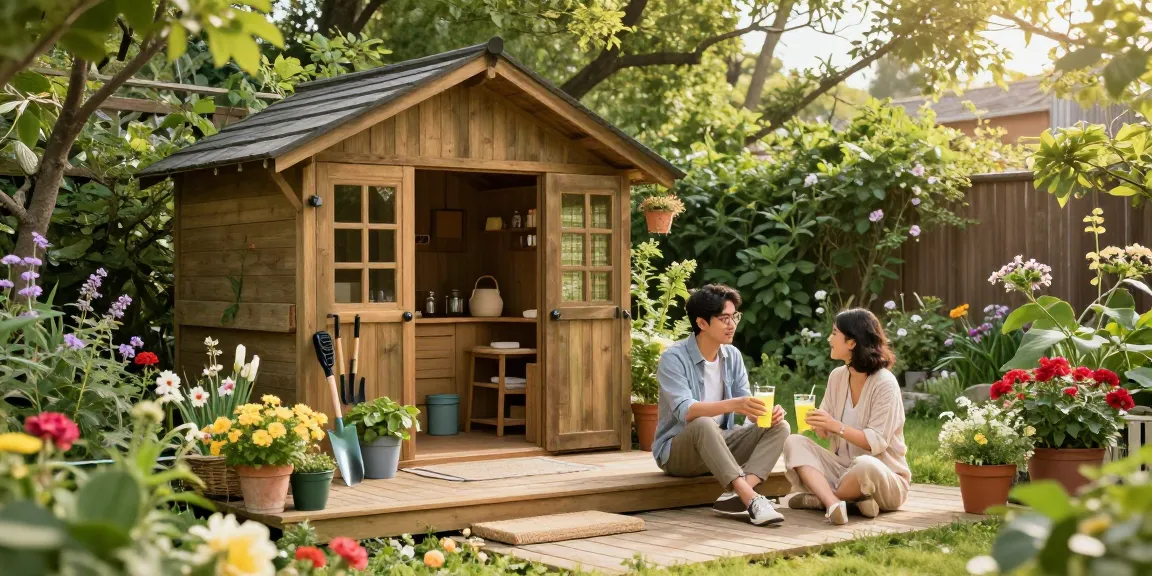Schönes Gartenhaus Holz umgeben von blühenden Pflanzen und einem Paar, das einen sonnigen Nachmittag genießt.