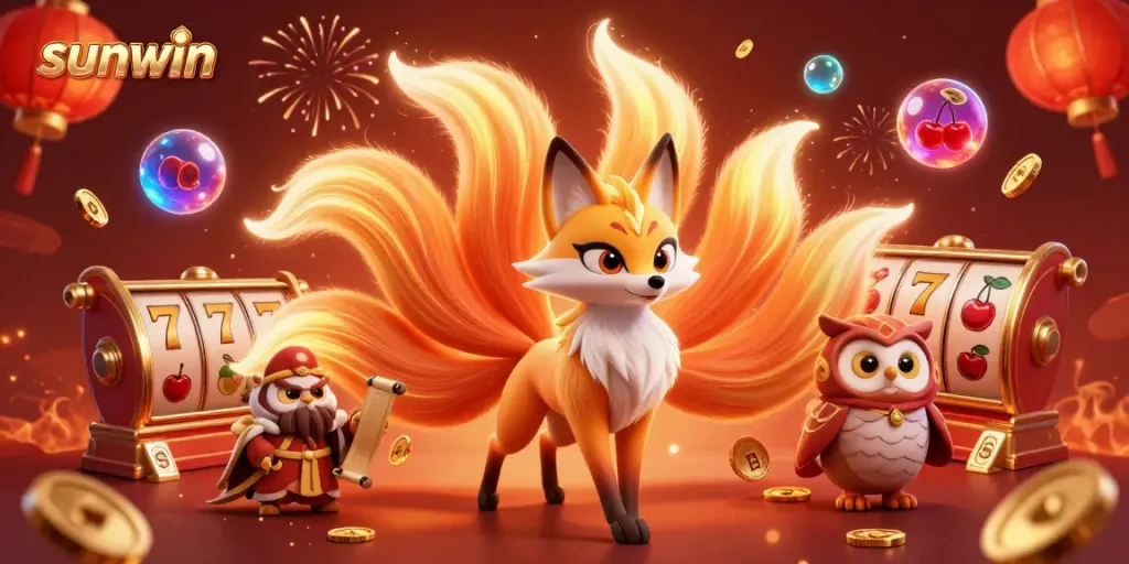Experience gaming excitement with sunwin, featuring a nine-tailed fox and slot reels in a vibrant casino scene.