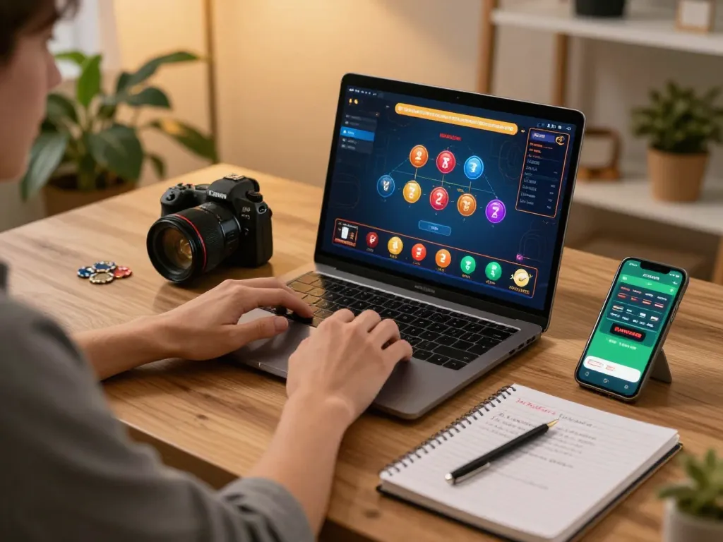 Player using laptop for sin88 đăng nhập and online casino gameplay in a cozy setting