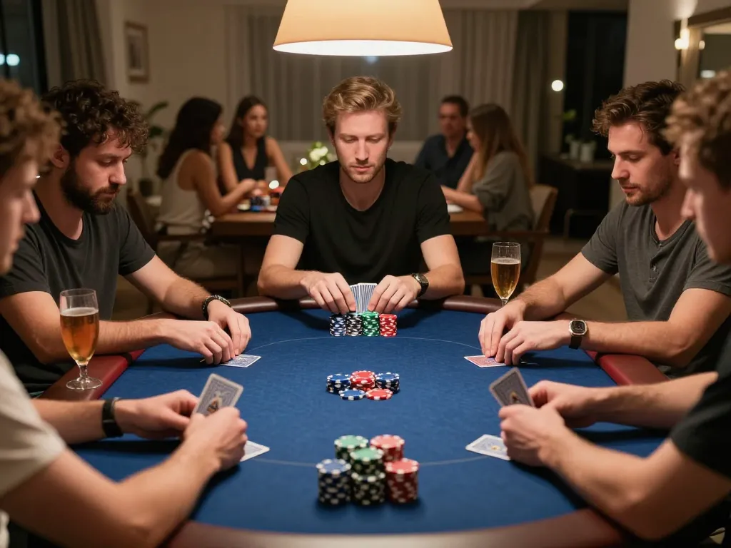 Man88 players strategic betting at a friendly home poker game night with colorful chips