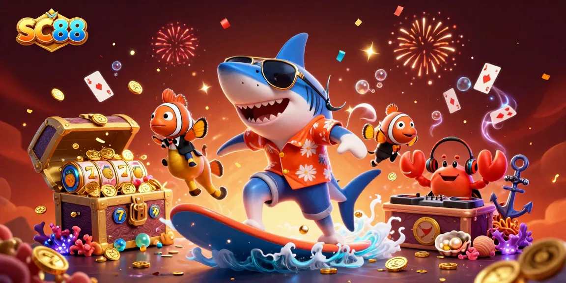 Experience gaming thrills with SC88's vibrant illustration featuring ocean characters and casino elements.