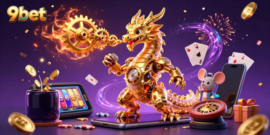Experience thrilling gameplay at 9bet with a dynamic casino scene featuring a golden dragon!