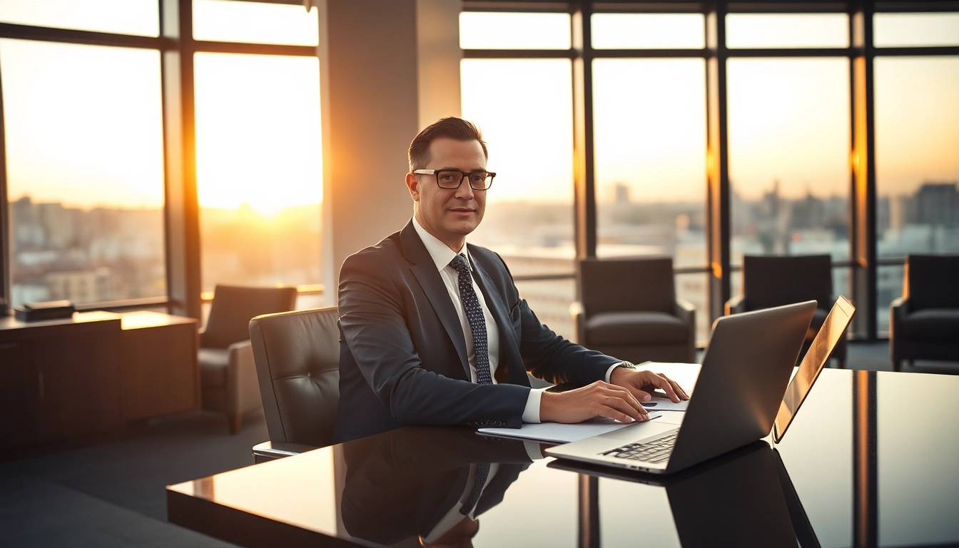 Headhunter Geschäftsführer bei der Arbeit in einem modernen Büro, umgeben von Akten und einem Laptop.