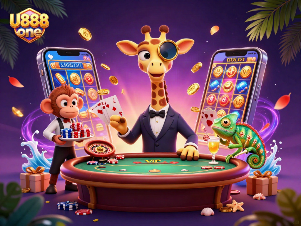 Experience the thrill of U888 one with lively casino elements and engaging characters.