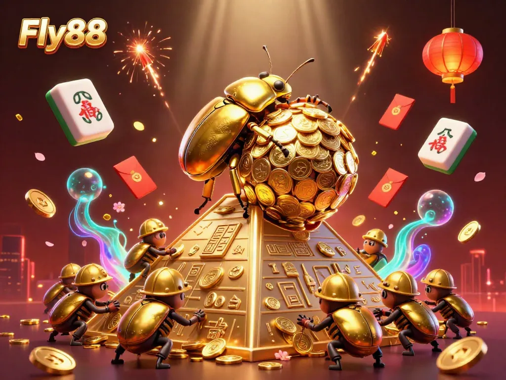 Engage with Fly88's colorful gaming world featuring golden beetles and vibrant casino symbols.