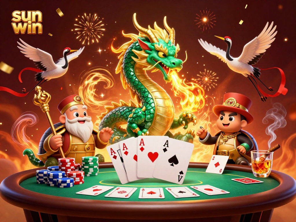 Engage in thrilling gameplay with a sun win theme illustrated by a fiery dragon and poker elements.