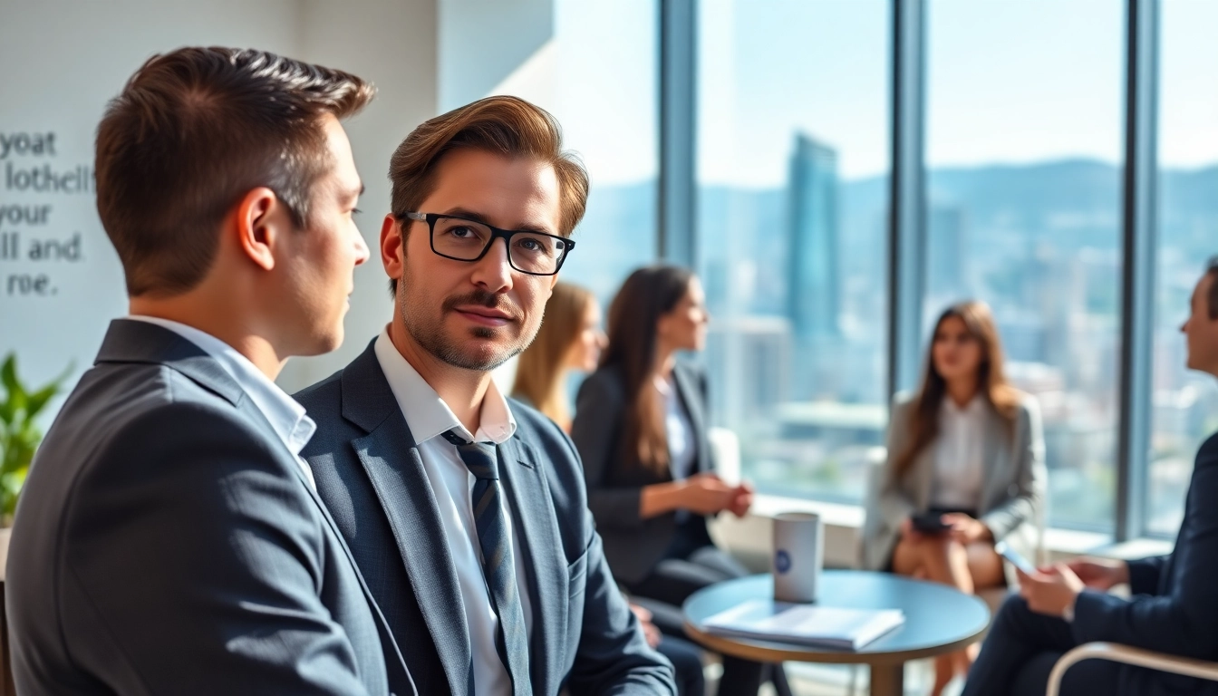 Headhunter Schweiz berät Kandidaten in einem modernen Büro mit Blick auf die Stadt.