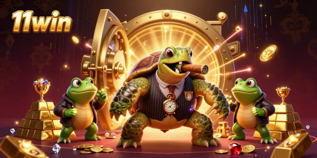Experience the thrill of 11win with a massive snapping turtle and bullfrogs in a vibrant casino scene.