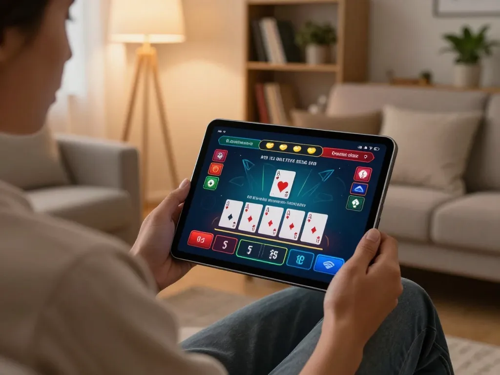 Player engaged in online blackjack at home with tablet showing 789club interface, relaxed atmosphere.