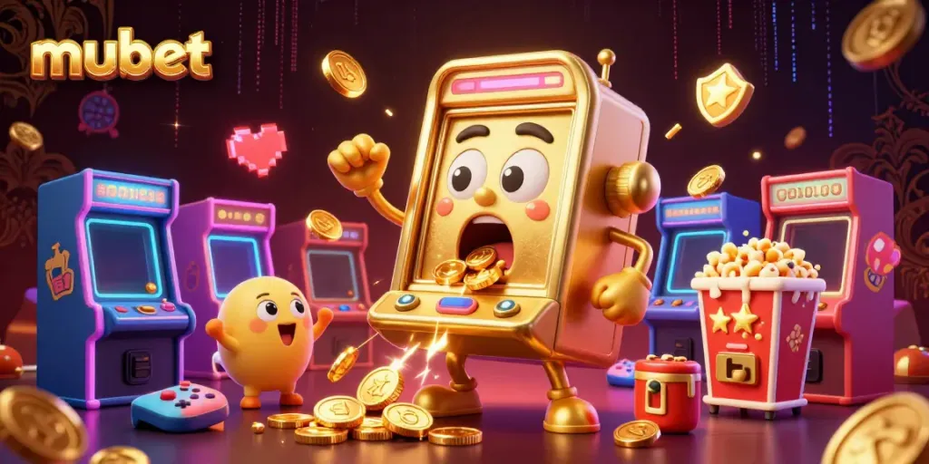 Experience the thrill of winning at Mubet with a vibrant slot machine jackpot scene filled with excitement.