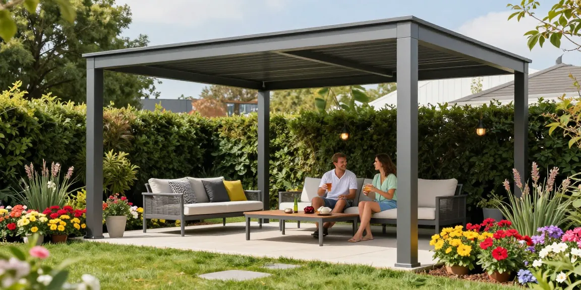 Freistehende Terrassenüberdachung in einem Garten mit Paar, das Getränke genießt.