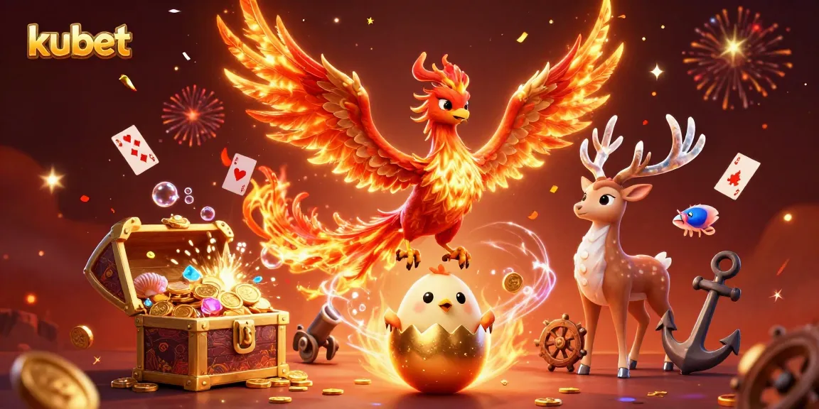 Engage with kubet in a vibrant casino scene featuring phoenix and treasures amidst winnings.
