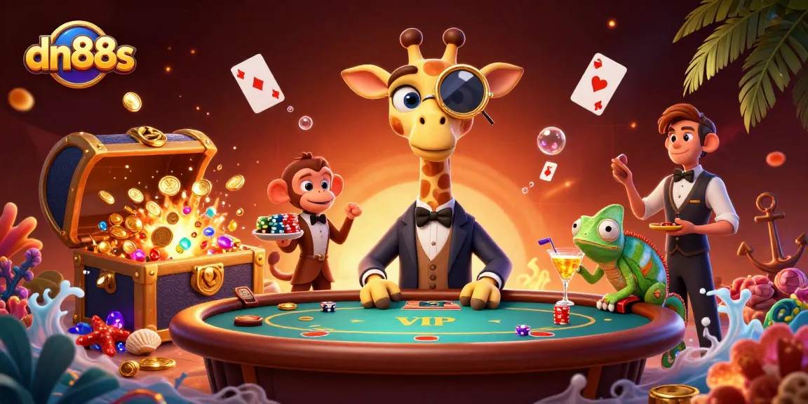 Experience the excitement of dn88s with a vibrant 3D illustration of a high-roller giraffe at a poker table.