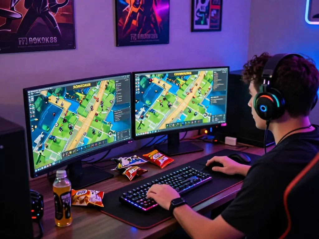 Gamer engaged in ROKOK88 link login strategies with vibrant dual-screen setup reflecting leveling tips and exploration.