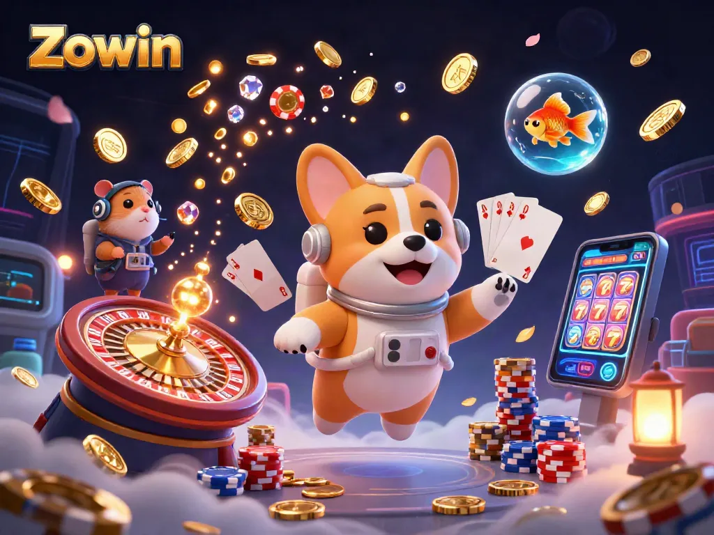 Zowin offers thrilling gameplay with a colorful casino scene featuring a floating corgi and a hamster overseeing the action.