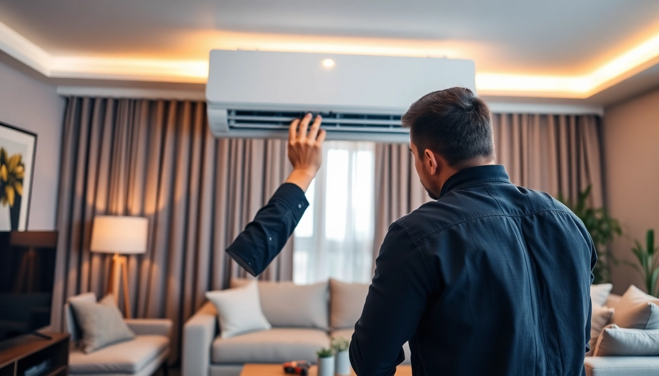 Klima installieren: Technician expertly installing a split air conditioning unit in a stylish living room.