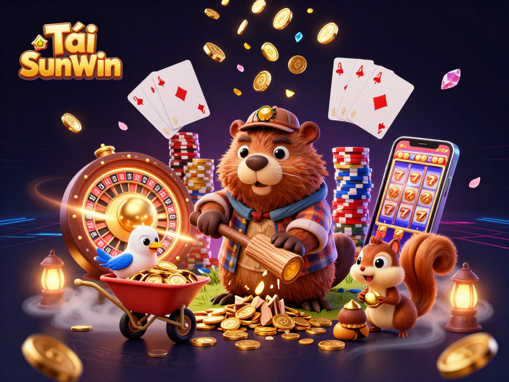Tải SunWin shows a cartoon beaver and friends surrounded by golden coins and casino elements in a vibrant 3D scene.