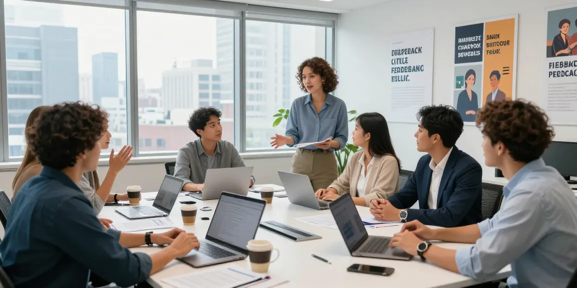 Diskussion über Feedback-Kultur Arbeit in modernem Büro mit Team um einen großen Tisch
