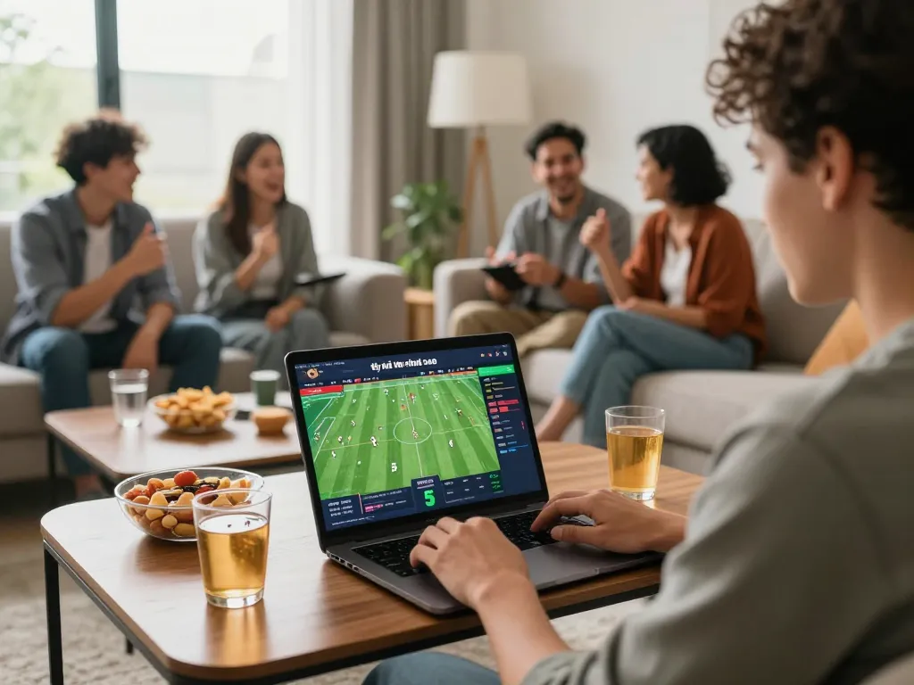 Tỷ lệ kèo nhà cái 5 displayed on a laptop during intense sports betting action in modern living room.
