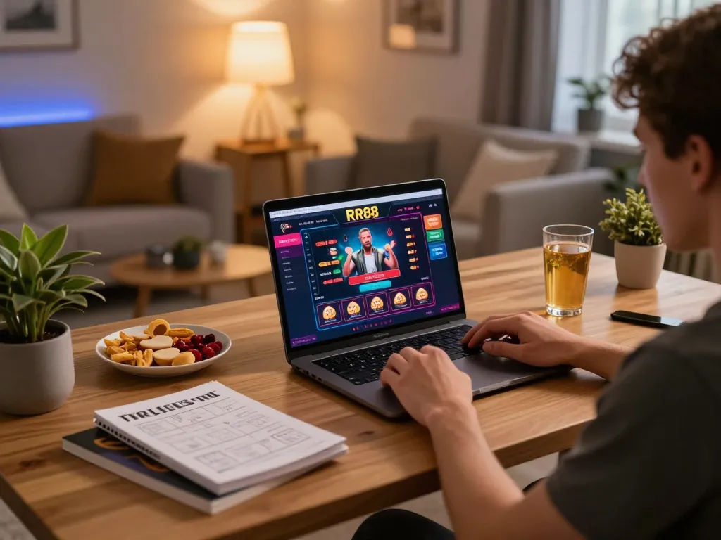 Player engaging with the RR88 casino interface on a laptop, showcasing a cozy gaming setup.