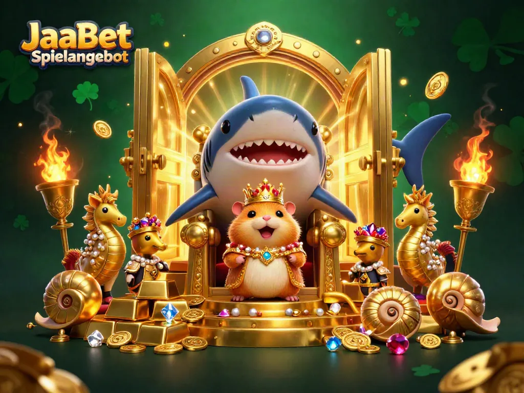Erlebe das JaaBet Spielangebot mit dieser einzigartigen Casino-Illustration durch den goldenen Hamsterkönig und Schätze.