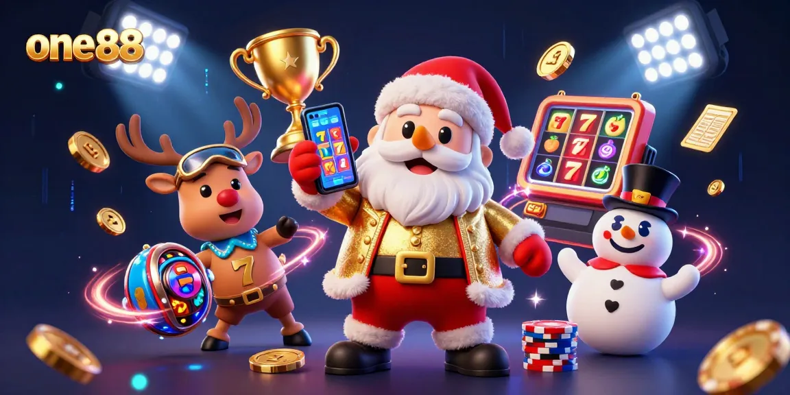 Win big with one88 in this vibrant casino scene featuring Santa and friends amidst jackpot slots.