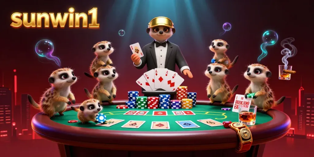 Watch the lively meerkats engage in an elaborate casino game at sunwin1, showcasing vibrant poker action.