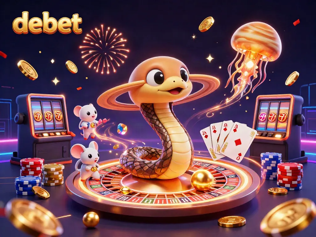 Experience the thrill of debet gaming with vibrant characters and dynamic casino elements in this cosmic scene.