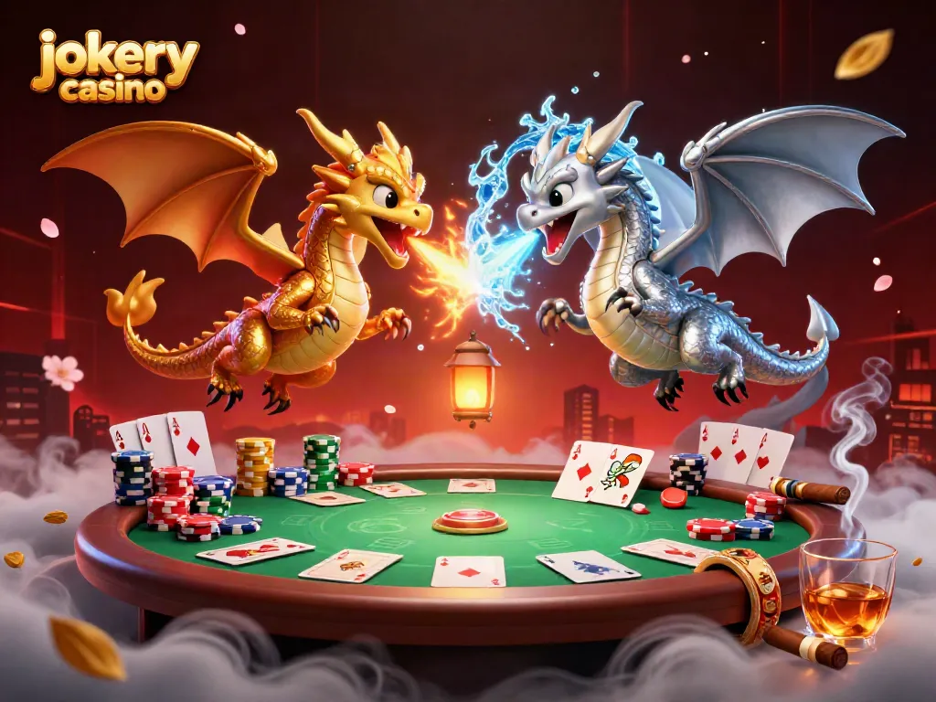 Experience thrilling gaming at jokery casino with an epic scene of dragons and poker elements.