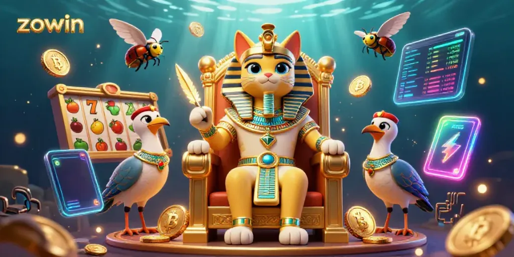 Experience the thrill of zogwin gaming with this vibrant 3D casino scene featuring Egyptian characters.