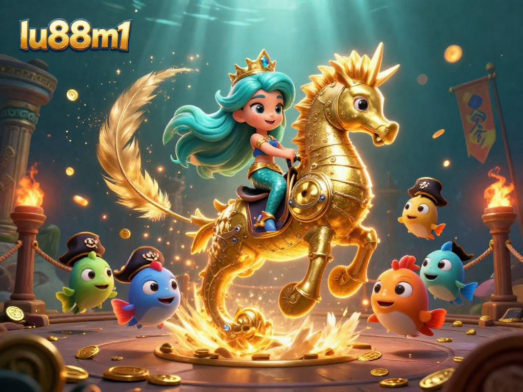 Experience thrilling moments at lu88m1 with the dynamic mermaid princess riding a fierce seahorse in this vibrant casino scene.