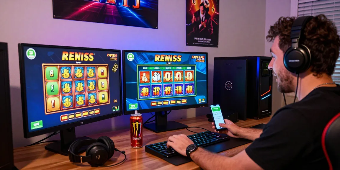 Aufgeregter Spieler genießt ein Slots-Spiel in einem Paysafe Card Casino und hebt die moderne Spielumgebung und die lebendige Atmosphäre hervor.