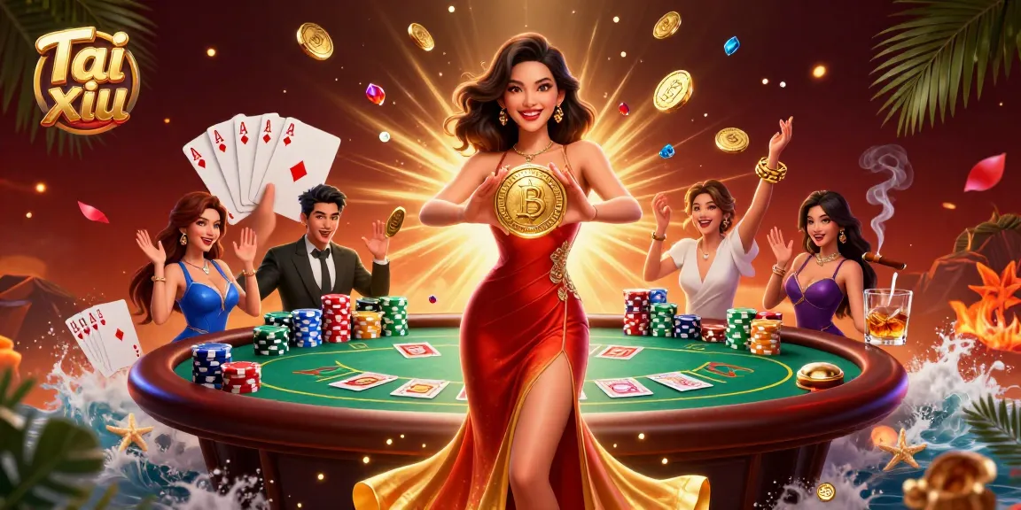 Experience the thrill of Tai xiu with a vibrant scene of a beautiful woman holding a golden coin surrounded by poker excitement.