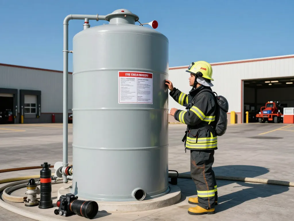 Löschwasserzisterne für Gewerbegebiet kaufen, ein Feuerwehrmann inspiziert einen oberirdischen Löschwassertank und zeigt Sicherheit und Bereitschaft für Brandnotfälle.
