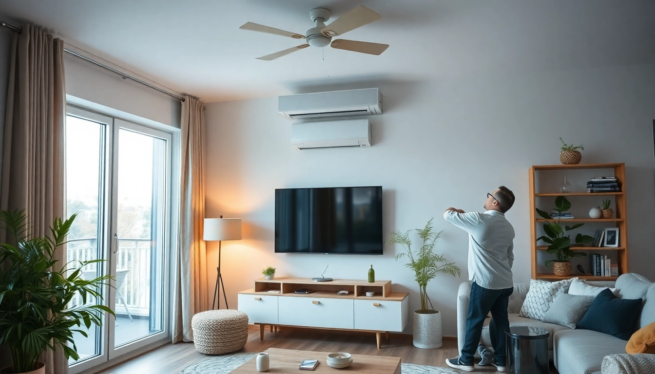 Fachkundige Hände bei der Montage einer Klimaanlage installieren lassen in einem stilvollen Raum.