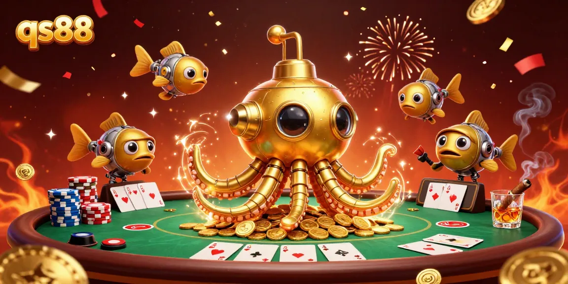 Experience the thrill of qs88 gameplay as a golden kraken submarine surfaces among vibrant casino elements.