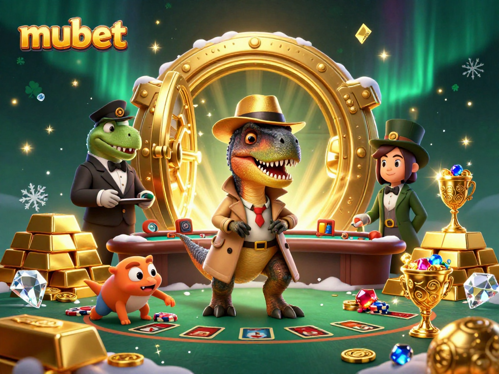 Mubet features a cartoon velociraptor at a blackjack table, surrounded by gold treasures and vibrant casino elements.