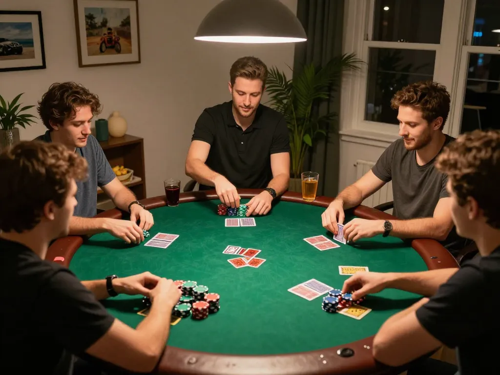 MK8 friends engaged in an exciting poker game at home with chips and cards.