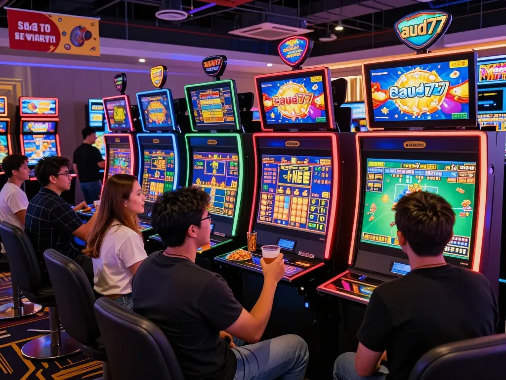 Players enjoying the aud77 online casino experience with vibrant gaming machines and engaging atmosphere.