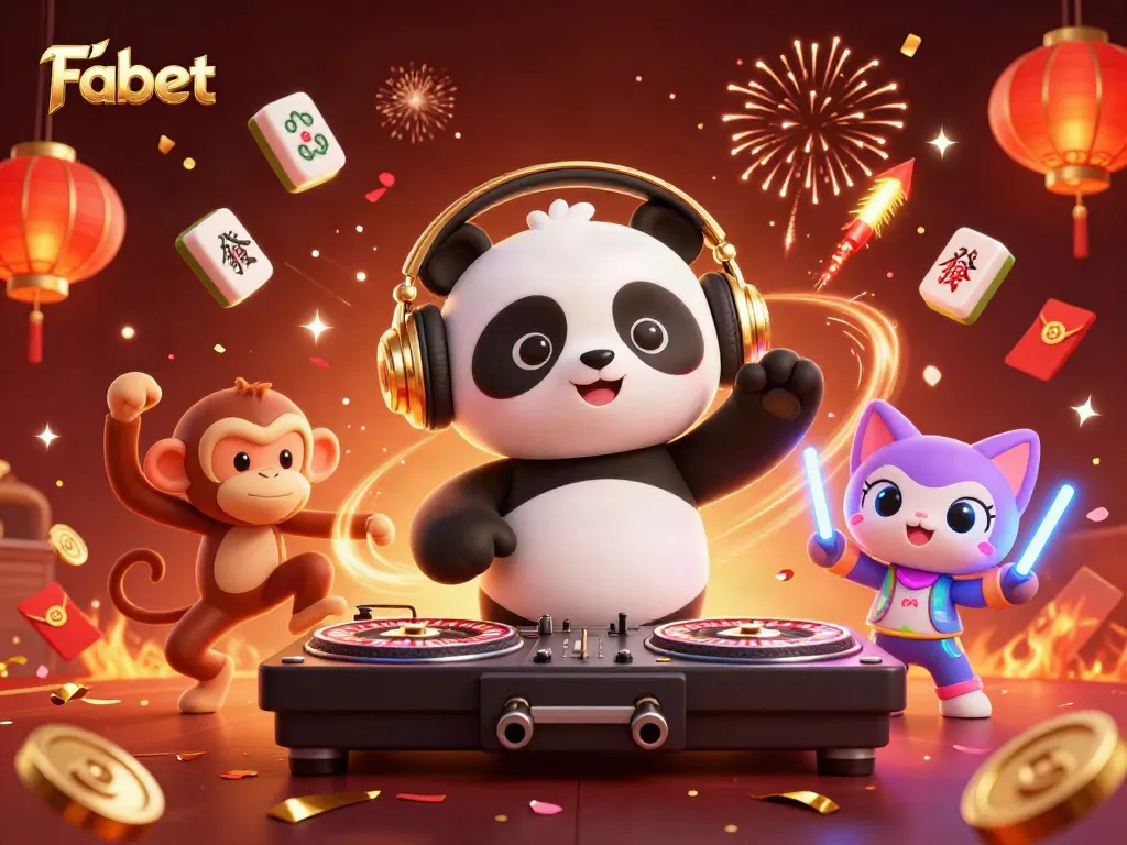 Experience fun at Fabet featuring a DJ panda and a breakdancing monkey in a vibrant casino scene