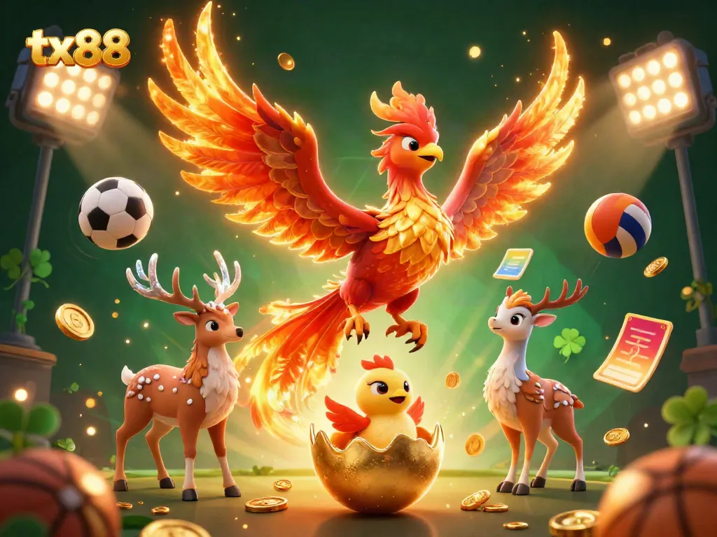 Engage with tx88's thrilling experience illustrated by a fiery phoenix and a mystical stag amidst dynamic sports elements.